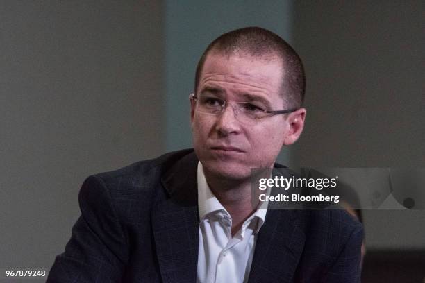 Ricardo Anaya, presidential candidate for the National Action Party , listens while Jorge Ramos, journalist for Univision Communications Inc., not...