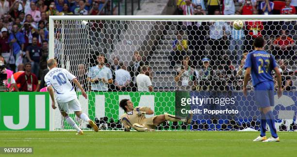 The penalty kick of Zinedine Zidane of France goes in off the crossbar during the FIFA World Cup Final at the Olympic Stadium in Berlin on July 9th,...