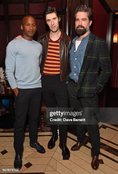 Eric Underwood, Clym Evernden and Jack Guinness attend JKS Restaurants launch of Brigadiers on June 5, 2018 in London, England.