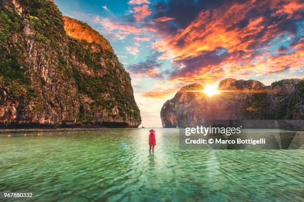 tourist admiring a scenic sunset at maya bay, phi phi island - andamanensee stock-fotos und bilder