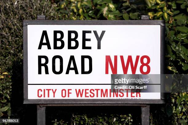 Street sign for Abbey Road in North London on which the Abbey Road recording studios stand, that have been put up for sale by their owner EMI on...