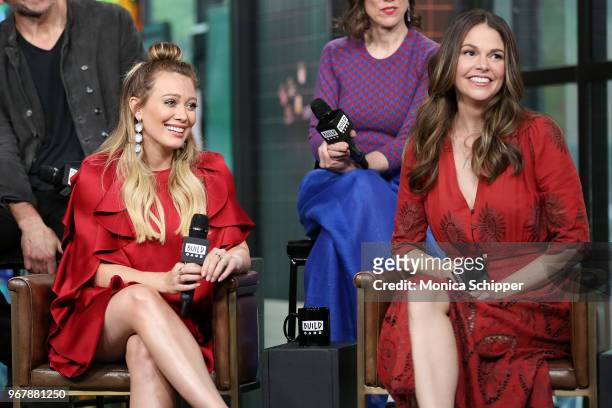 Actors Hilary Duff and Sutton Foster visit Build Studio to discuss the television show "Younger" on June 5, 2018 in New York City.