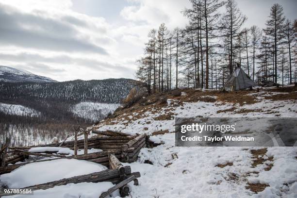 Dukha tipi sits on a hilltop overlooking a valley near Tsagaan Nuur, Mongolia.