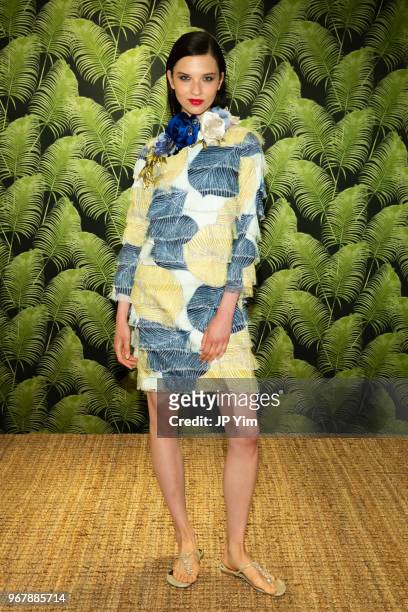 Model poses wearing Badgley Mischka Resort 2019 at the Badgley Mischka Showroom on June 5, 2018 in New York City.