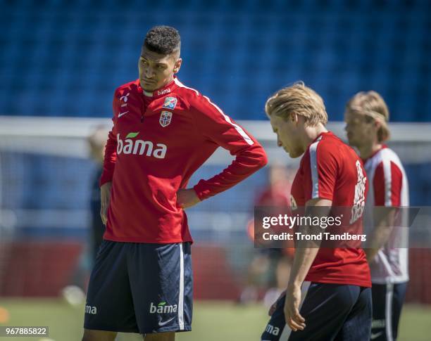 Bjorn Maars Johnsen, Jonas Svensson of Norway during training at Ullevaal Stadion on June 5, 2018 in Oslo, Norway.