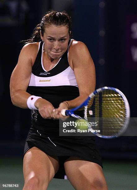 Anastasia Pavlyuchenkova of Russia hits a backhand during her third round match against Daniela Hantuchova of Slovakia during day four of the WTA...