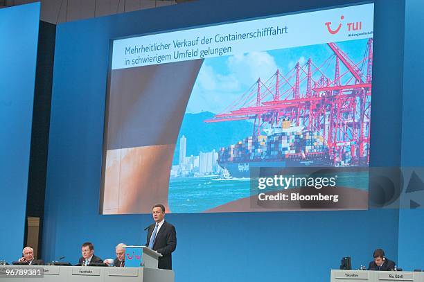 Michael Frenzel, chief executive officer of TUI AG, speaks during the company's annual shareholders' meeting in Hannover, Germany on Wednesday,...