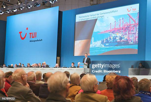 Michael Frenzel, chief executive officer of TUI AG , speaks during the company's annual shareholders' meeting in Hannover, Germany on Wednesday,...