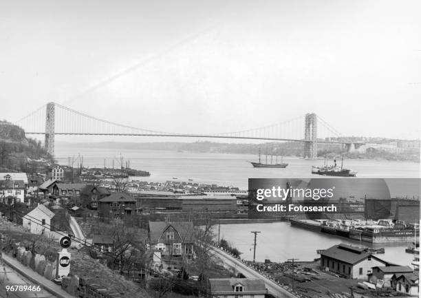 View of the George Washington Bridge looking south from Manhattan towards New Jersey, circa 1935.