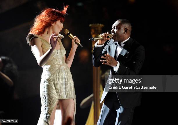 Dizzee Rascal and Florence Welch of Florence and the Machine perform live on stage on stage at The Brit Awards 2010 at Earls Court on February 16,...