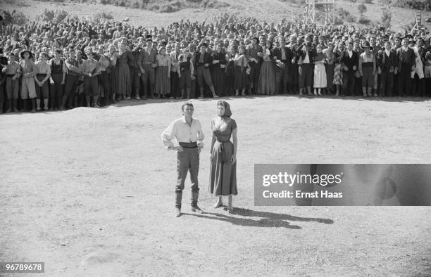 Frank Sinatra and Sophia Loren during location filming in Spain for 'The Pride and the Passion', directed by Stanley Kramer, 1956.