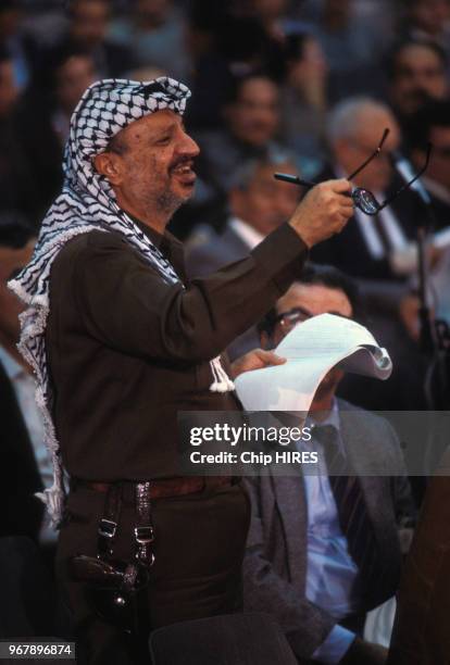 Yasser Arafat au Congrès National Palestinien d'Amman, le 27 novembre 1984, Amman, Jordanie.