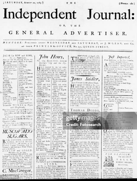 Advertisements In The Independent Journal or The General Advertiser arranged in four columns and dated Saturday, August 20, 1785. .
