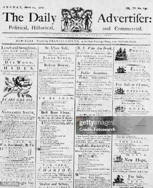 Advertisements arranged in four columns in The Daily Advertiser and dated Monday, March12, 1787. .