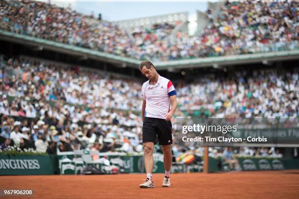 June 2. French Open Tennis Tournament - Day Seven. Richard Gasquet of France during his loss against Rafael Nadal on a packed Court Philippe-Chatrier...