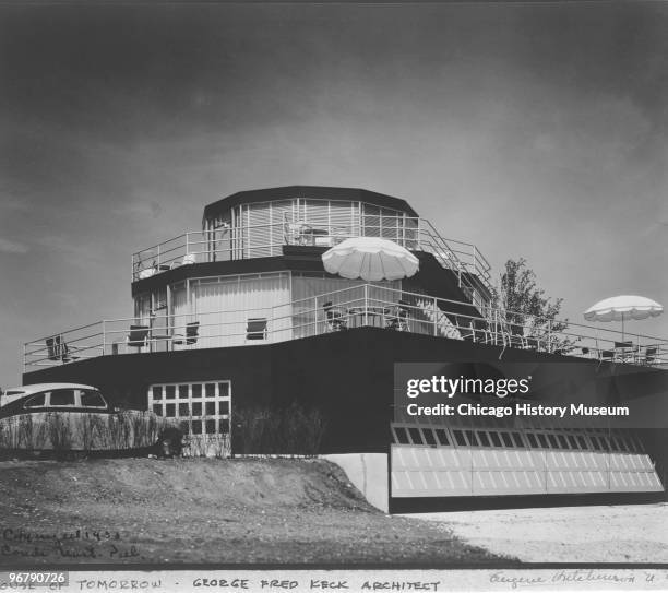 View of the 'Century Homes House of Tomorrow' at the Century of Progress International Exposition , Chicago, Illinois, 1933. The home consists of...