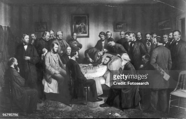 Painting of the death of President Lincoln showing his physician and other notaries, circa 1865. .