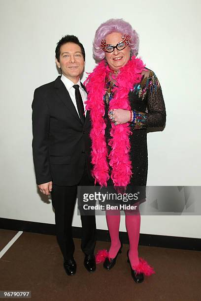 Singer Michael Feinstein and Winning Dame Edna Everage impersonator Scott Mason attend the "All About Me" honorary understudy auditions at Henry...