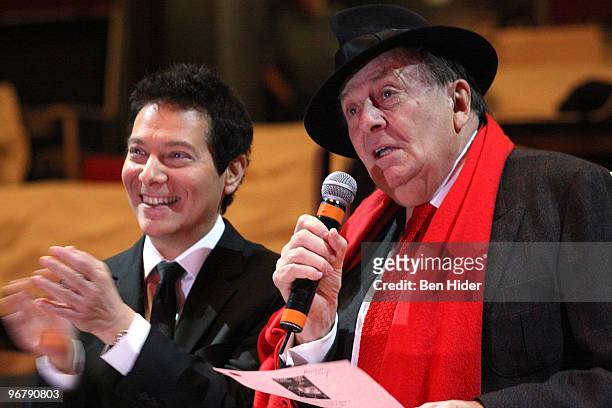 Singer Michael Feinstein and Comedian Barry Humphries attend the "All About Me" honorary understudy auditions at Henry Miller's Theatre on February...