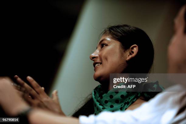 Peruvian actress Magaly Solier speaks during a press conference for the members of the APEP at a hotel in Lima on February 17, 2010. Solier plays in...