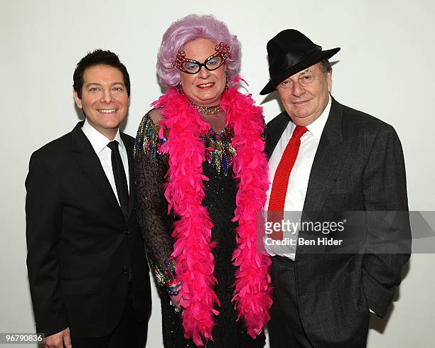 Singer Michael Feinstein, Winning Dame Edna Everage impersonator Scott Mason and Comedian Barry Humphries attend the "All About Me" honorary...