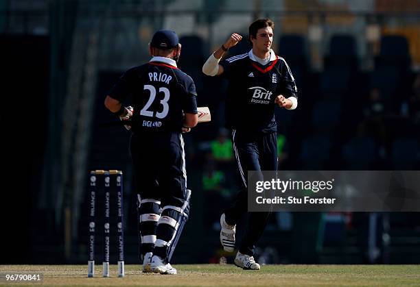 England Lions bowler Steven Finn celebrates after taking the wicket of England batsman Matt Prior during the Twenty20 Friendly Match between England...