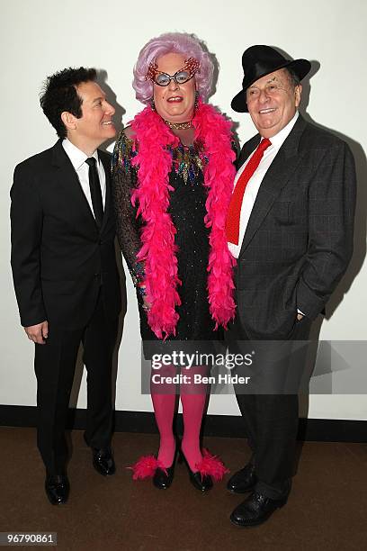 Singer Michael Feinstein, Winning Dame Edna Everage impersonator Scott Mason and Comedian Barry Humphries attend the "All About Me" honorary...