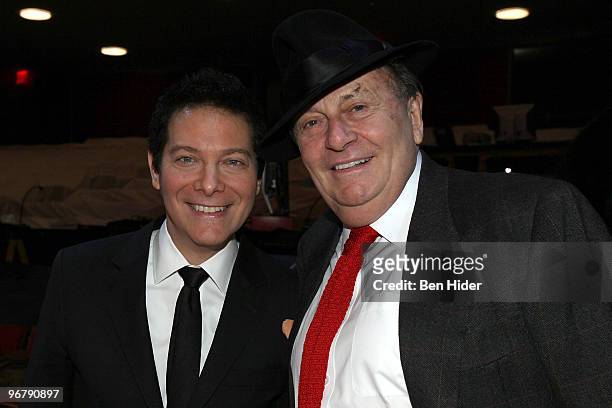 Singer Michael Feinstein and Comedian Barry Humphries attend the "All About Me" honorary understudy auditions at Henry Miller's Theatre on February...