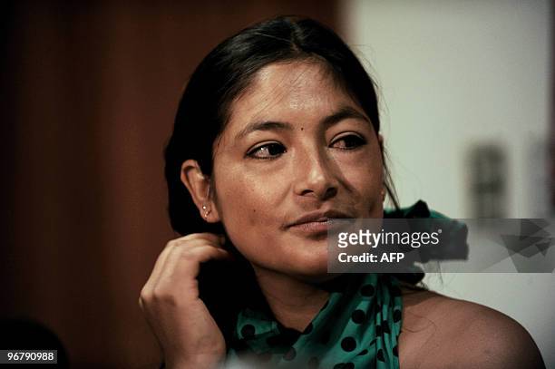 Peruvian actress Magaly Solier gives a press conference for the members of the APEP at a hotel in Lima on February 17, 2010. Solier plays in the film...