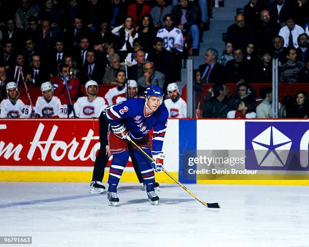 Brian Leetch of the New York Rangers skates against the Montreal Canadiens in the 1990's at the Montreal Forum in Montreal, Quebec, Canada.