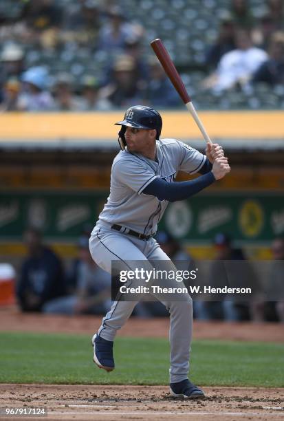 Brad Miller of the Tampa Bay Rays bats against the Oakland Athletics in the top of the second inning at the Oakland Alameda Coliseum on May 31, 2018...