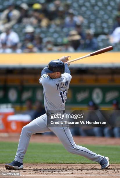 Brad Miller of the Tampa Bay Rays bats against the Oakland Athletics in the top of the second inning at the Oakland Alameda Coliseum on May 31, 2018...