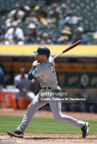 Brad Miller of the Tampa Bay Rays bats against the Oakland Athletics in the top of the second inning at the Oakland Alameda Coliseum on May 31, 2018...