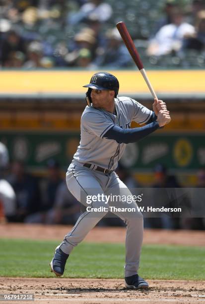 Brad Miller of the Tampa Bay Rays bats against the Oakland Athletics in the top of the second inning at the Oakland Alameda Coliseum on May 31, 2018...