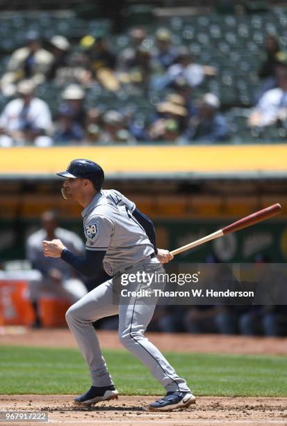 Brad Miller of the Tampa Bay Rays bats against the Oakland Athletics in the top of the second inning at the Oakland Alameda Coliseum on May 31, 2018...