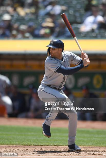 Brad Miller of the Tampa Bay Rays bats against the Oakland Athletics in the top of the second inning at the Oakland Alameda Coliseum on May 31, 2018...