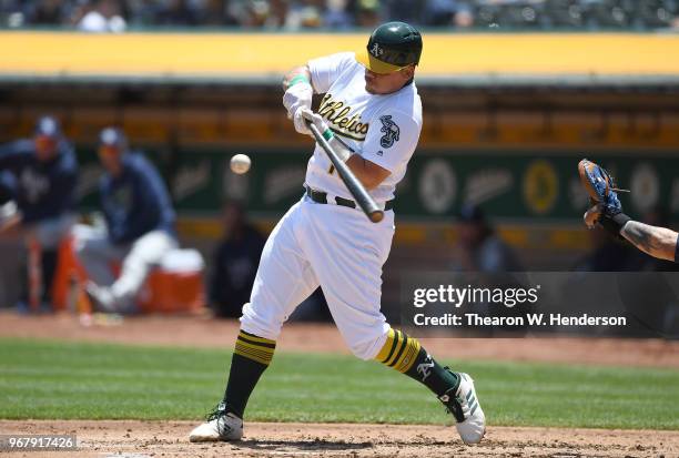 Bruce Maxwell of the Oakland Athletics bats against the Tampa Bay Rays in the bottom of the second inning at the Oakland Alameda Coliseum on May 31,...