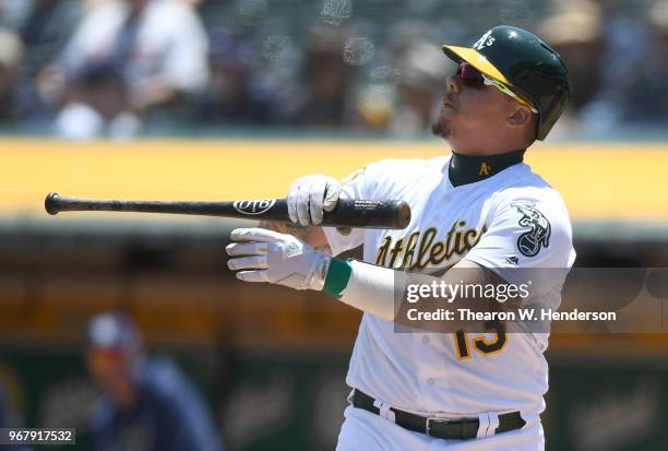 Bruce Maxwell of the Oakland Athletics reacts after striking out against the Tampa Bay Rays in the bottom of the second inning at the Oakland Alameda...