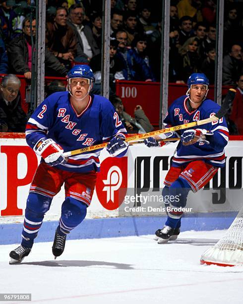 Brian Leetch of the New York Rangers skates against the Montreal Canadiens in the 1990's at the Montreal Forum in Montreal, Quebec, Canada.