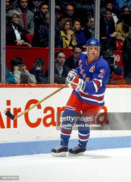 Brian Leetch of the New York Rangers skates against the Montreal Canadiens in the 1990's at the Montreal Forum in Montreal, Quebec, Canada.