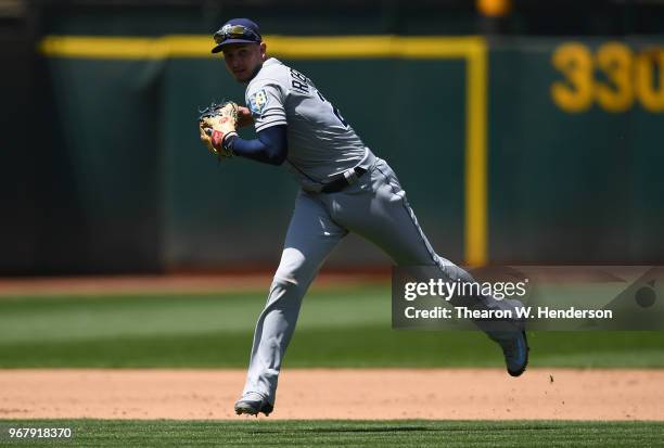 Daniel Robertson of the Tampa Bay Rays throws off balance to first base thowing out Bruce Maxwell of the Oakland Athletics in the bottom of the six...