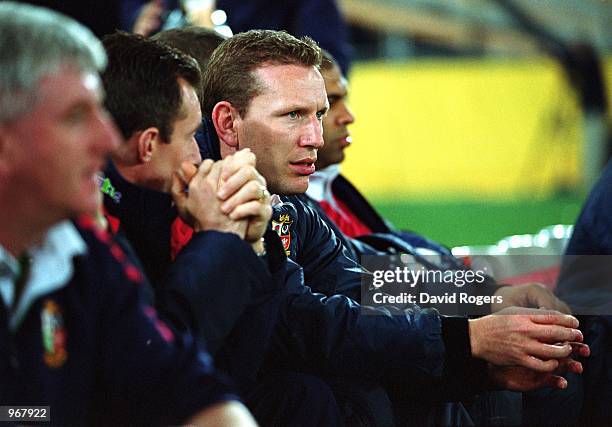 Andy Nicol of the British Lions who was drafted in at the last minute, sits on the bench during the Third Tom Richards Cup Match between British...