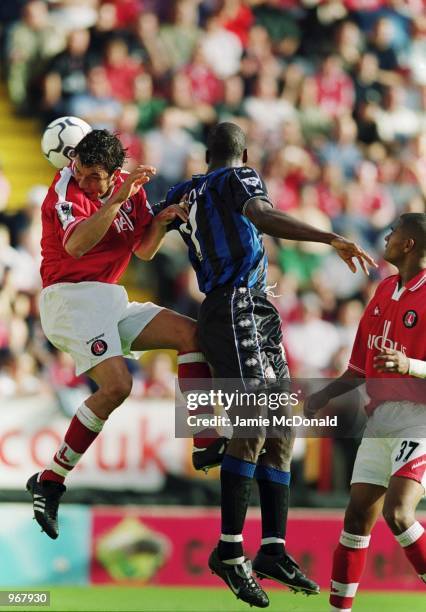 Mark Fish of Charlton and Ugo Ehiogu of Middlesbrough jump up for the ball during the FA Barclaycard Premiership match between Charlton Athletic and...