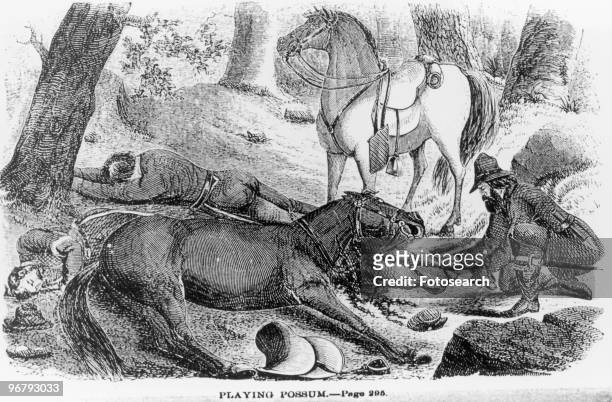 Illustration of horses and soldiers laying on the ground with caption 'PLAYING POSSUM', circa 1870s. .