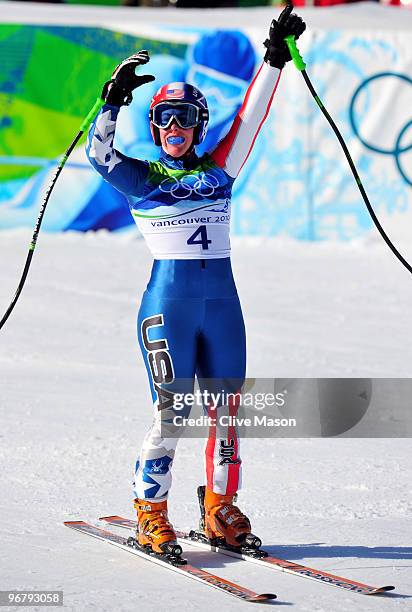 Stacey Cook of the United States reacts after competing during the Alpine Skiing Ladies Downhill on day 6 of the Vancouver 2010 Winter Olympics at...