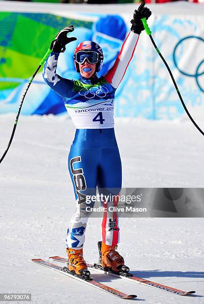 Stacey Cook of the United States reacts after competing during the Alpine Skiing Ladies Downhill on day 6 of the Vancouver 2010 Winter Olympics at...