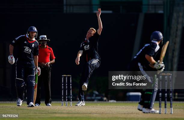 England Lions bowler Steve Kirby in action during the Twenty20 Friendly Match between England and England Lions at Sheikh Zayed stadium on February...