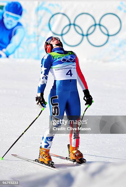 Stacey Cook of the United States reacts after competing during the Alpine Skiing Ladies Downhill on day 6 of the Vancouver 2010 Winter Olympics at...