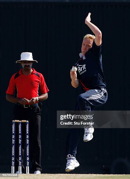 England Lions bowler Steve Kirby in action during the Twenty20 Friendly Match between England and England Lions at Sheikh Zayed stadium on February...