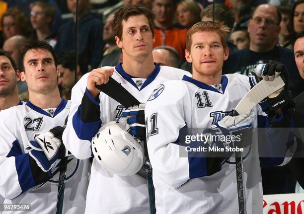 Vincent Lecavalier, Jeff Halpern and Brandon Bochenski of the Tampa Bay Lightning skates against the New York Islanders on February 13, 2010 at...